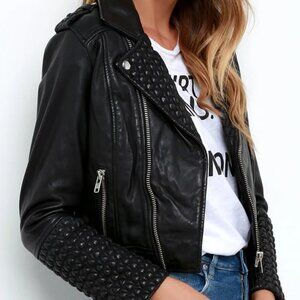 Obey Caveat Black Leather Moto Jacket Cropped